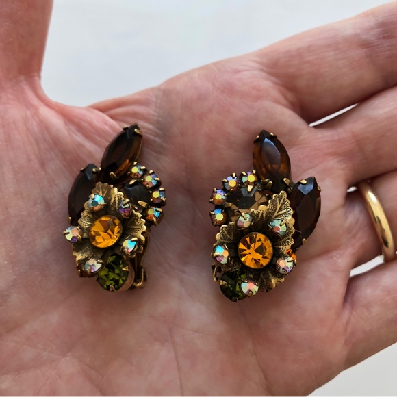 Juliana Rhinestone Brooch & Earrings, Floral Leaf Design, Fall Colors, Vintage - Picture 8 of 13